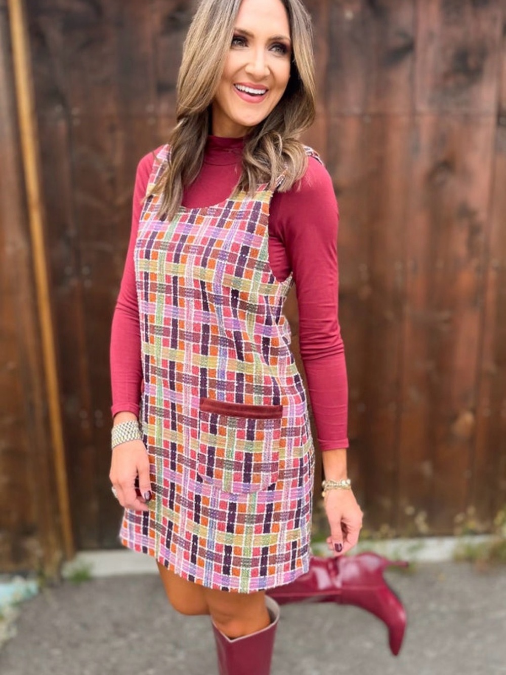 Plaid Mini Pinafore Dress in Wine Multi